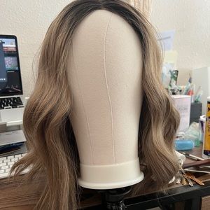 Brown Short-to-Lob-Length Lace-Front Synthetic Wig with Black Roots